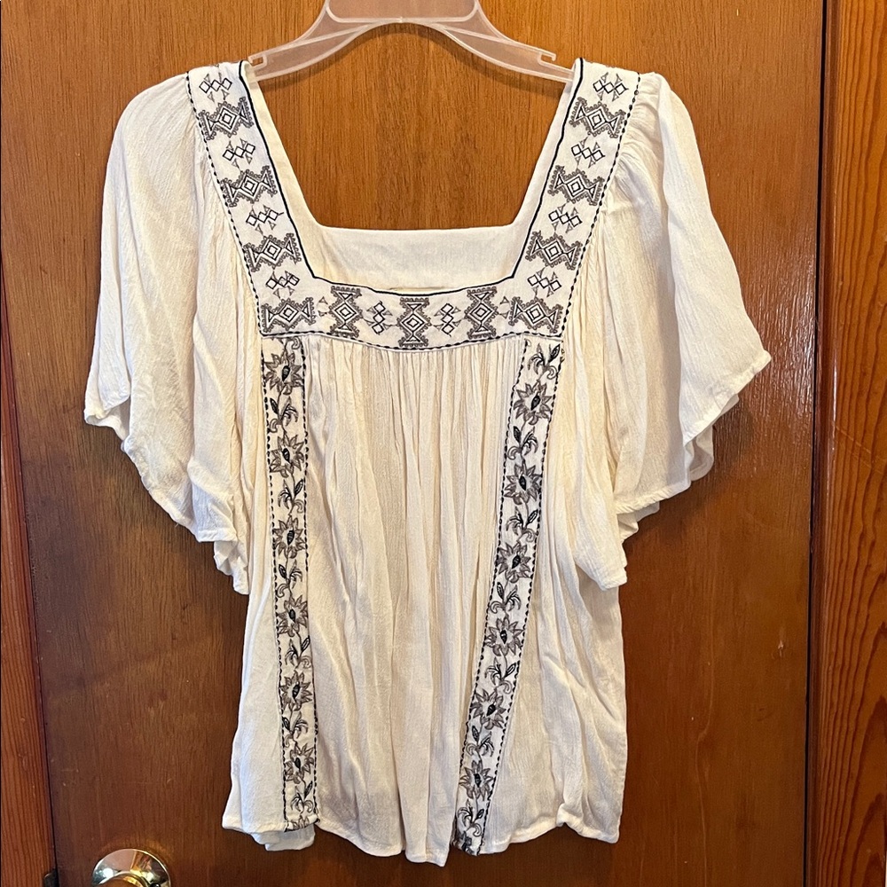 Elie Tahari Cream Square-Neck Embroidered Peasant Blouse